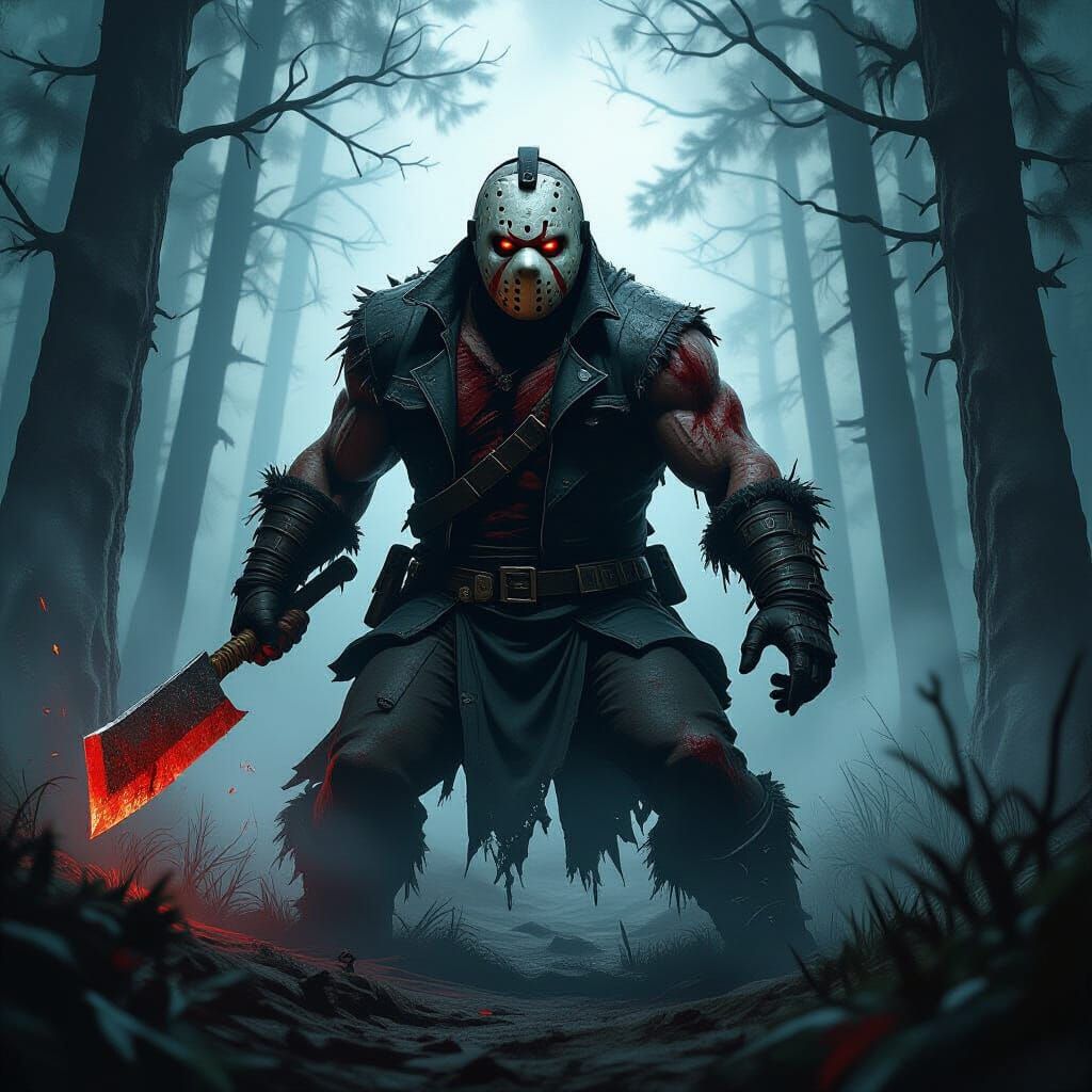 Demon Jason Voorhees Emerges from Dark Forest