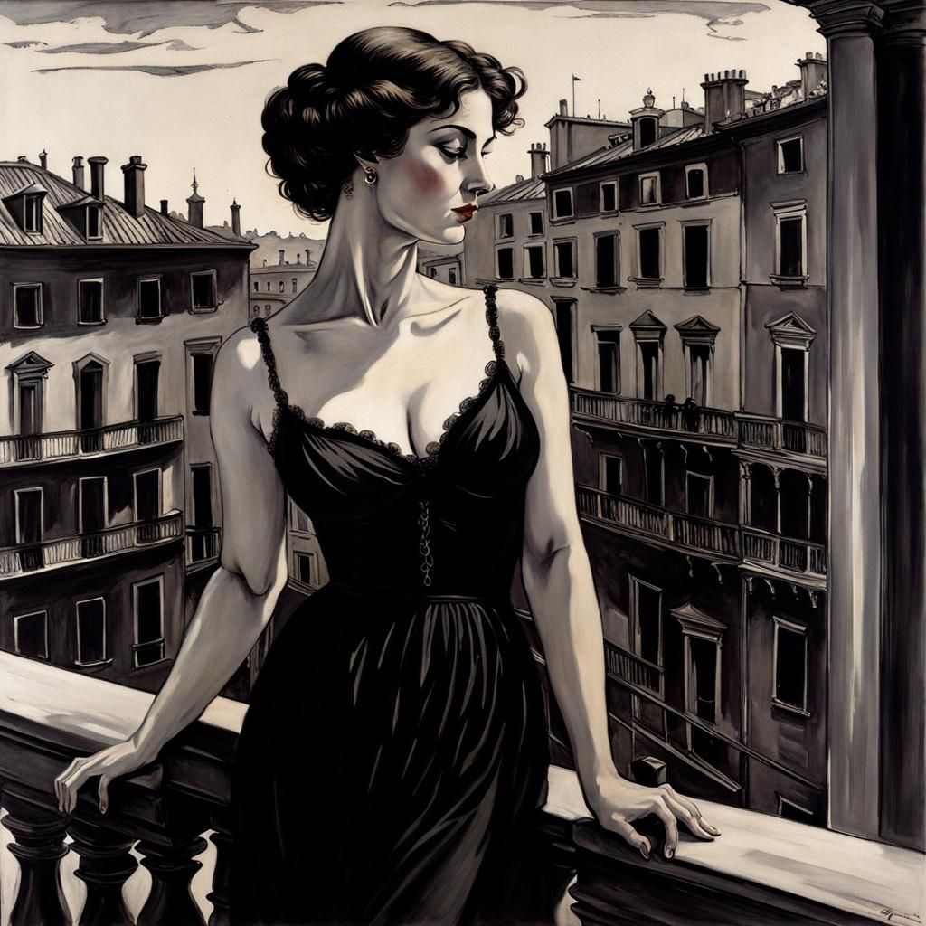 Woman on Balcony in Classic European Style