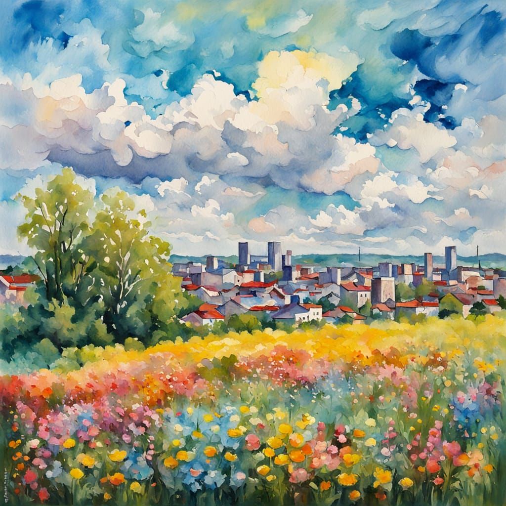 Vibrant Spring Cityscape with Wildflowers in Gouache Style