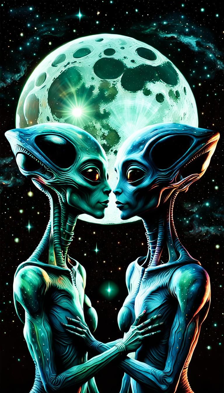 Cosmic Surrealism: Aliens Embrace in Spaceship
