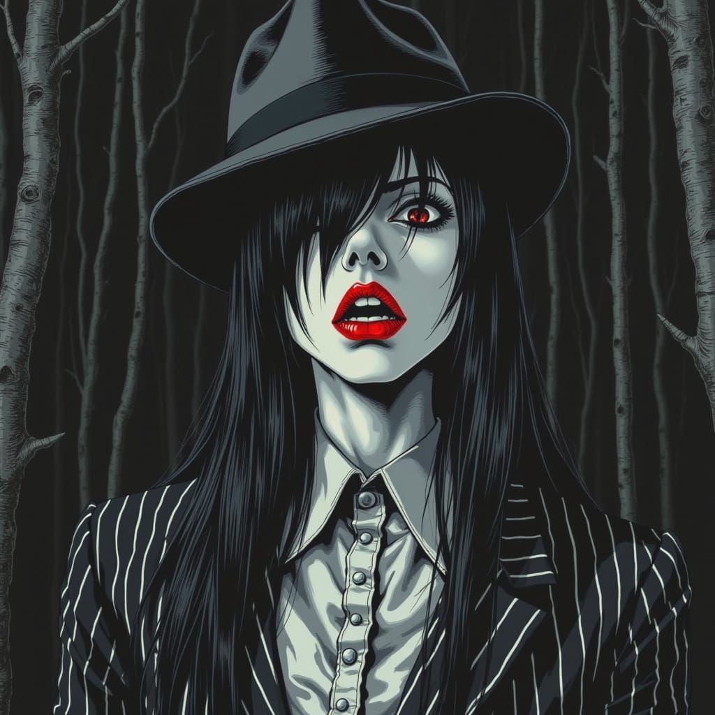 Goth Woman in Dark Forest with Analog Horror Elements