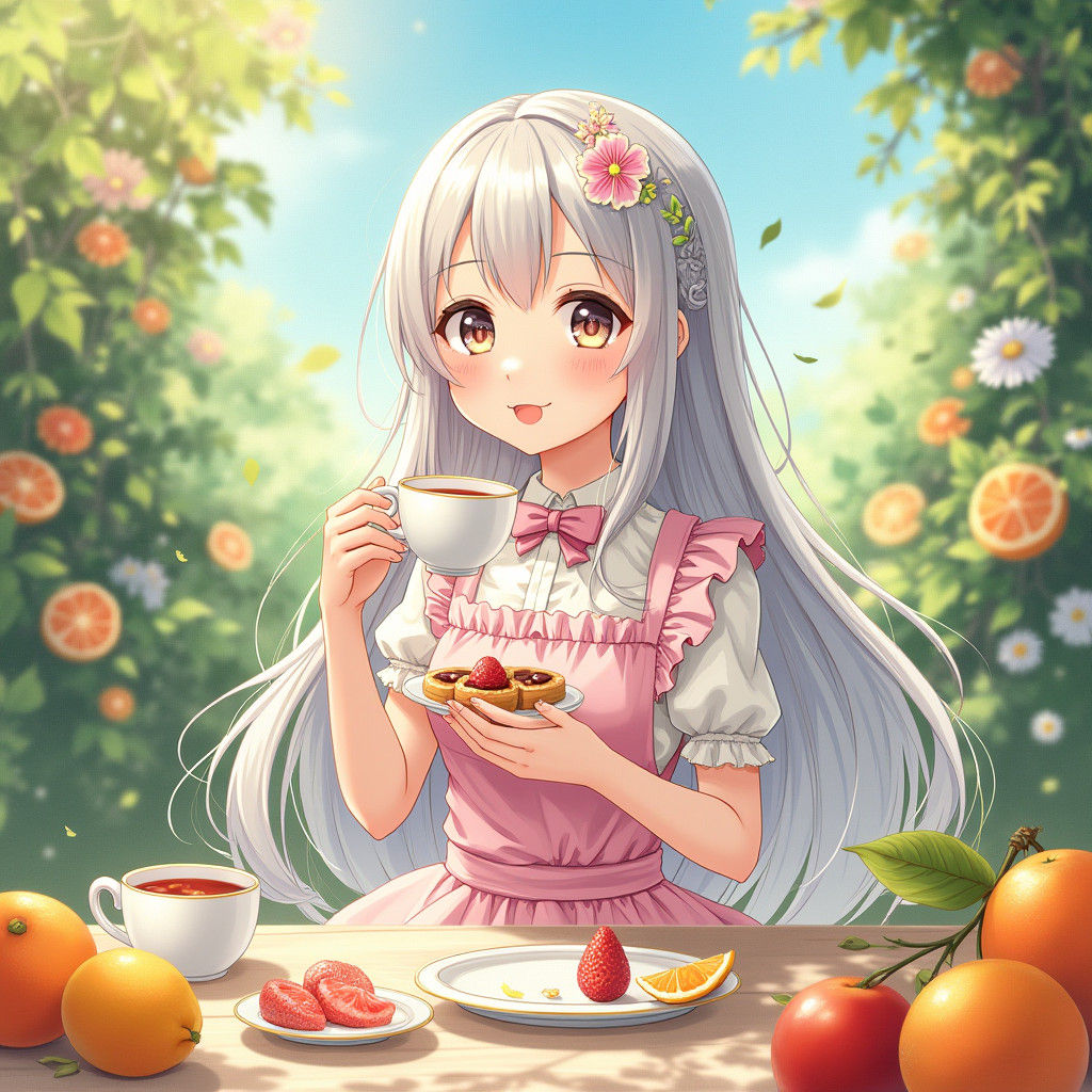 Anime Girl in Garden with Citrus and Tea