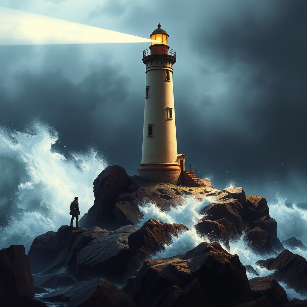 Lighthouse Keeper in Storm, Romantic Landscape