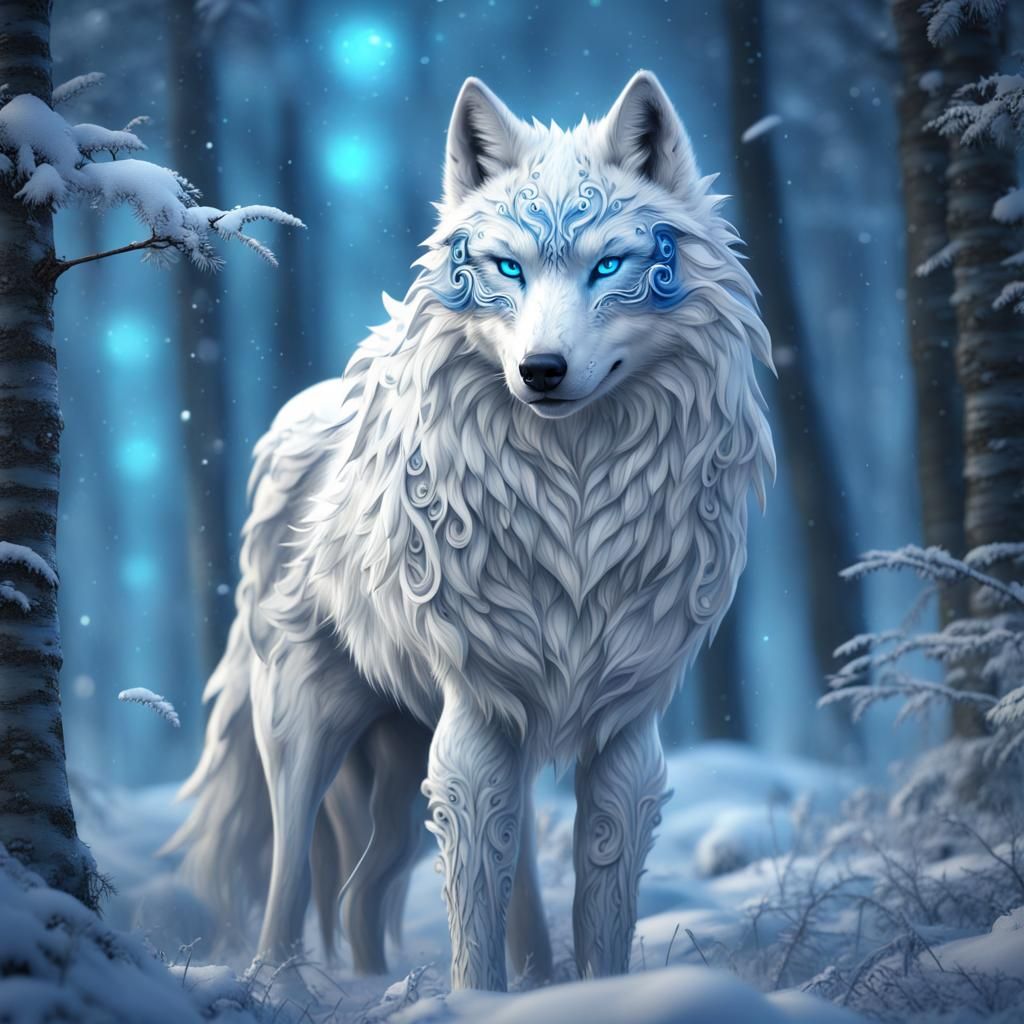 Snow Wolf with Blue Wings in Snowy Forest