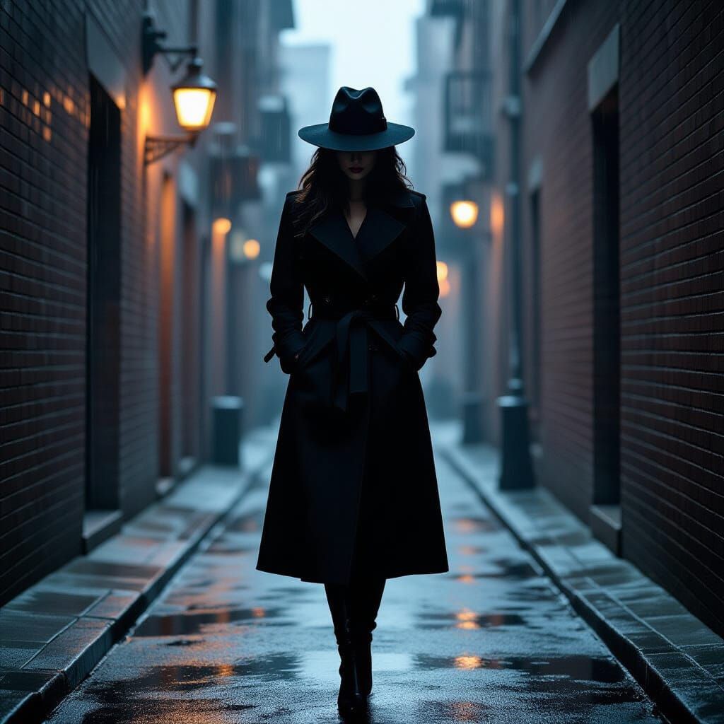 Femme Fatale in Rainy Alley: A Noir Film Still