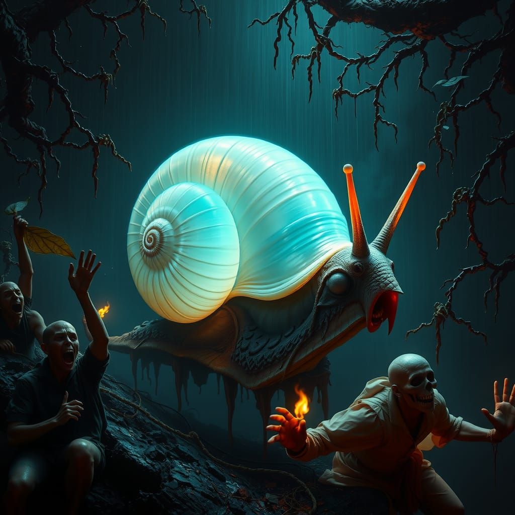 Colossal Glowing Snail in Baroque Horror Scene