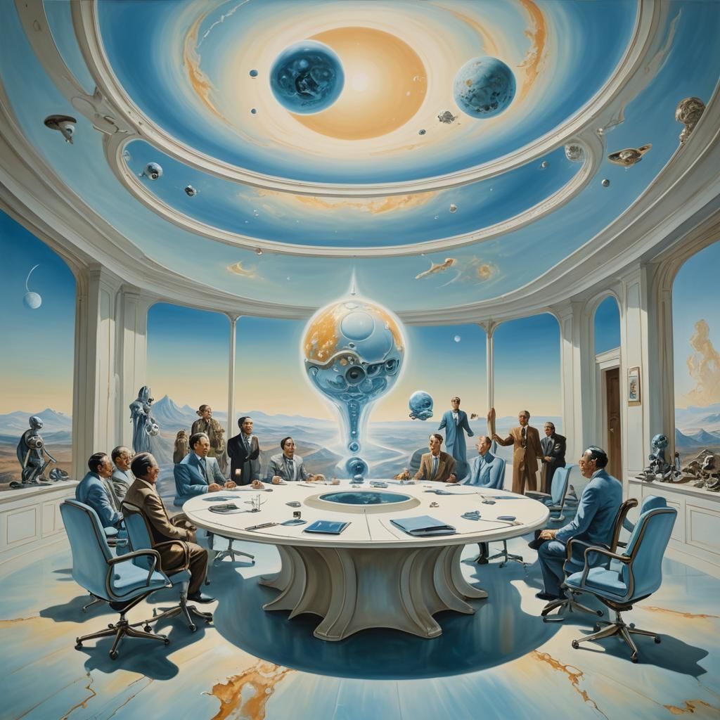 Surreal Exoplanet Conference Room with Aliens
