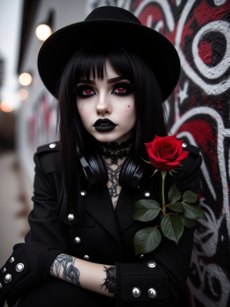 Emo Girl Portrait with Red Rose, Photorealistic Style