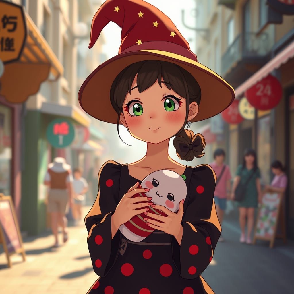 Charming Whimsical Woman in Witch's Hat and Polka Dot Dress