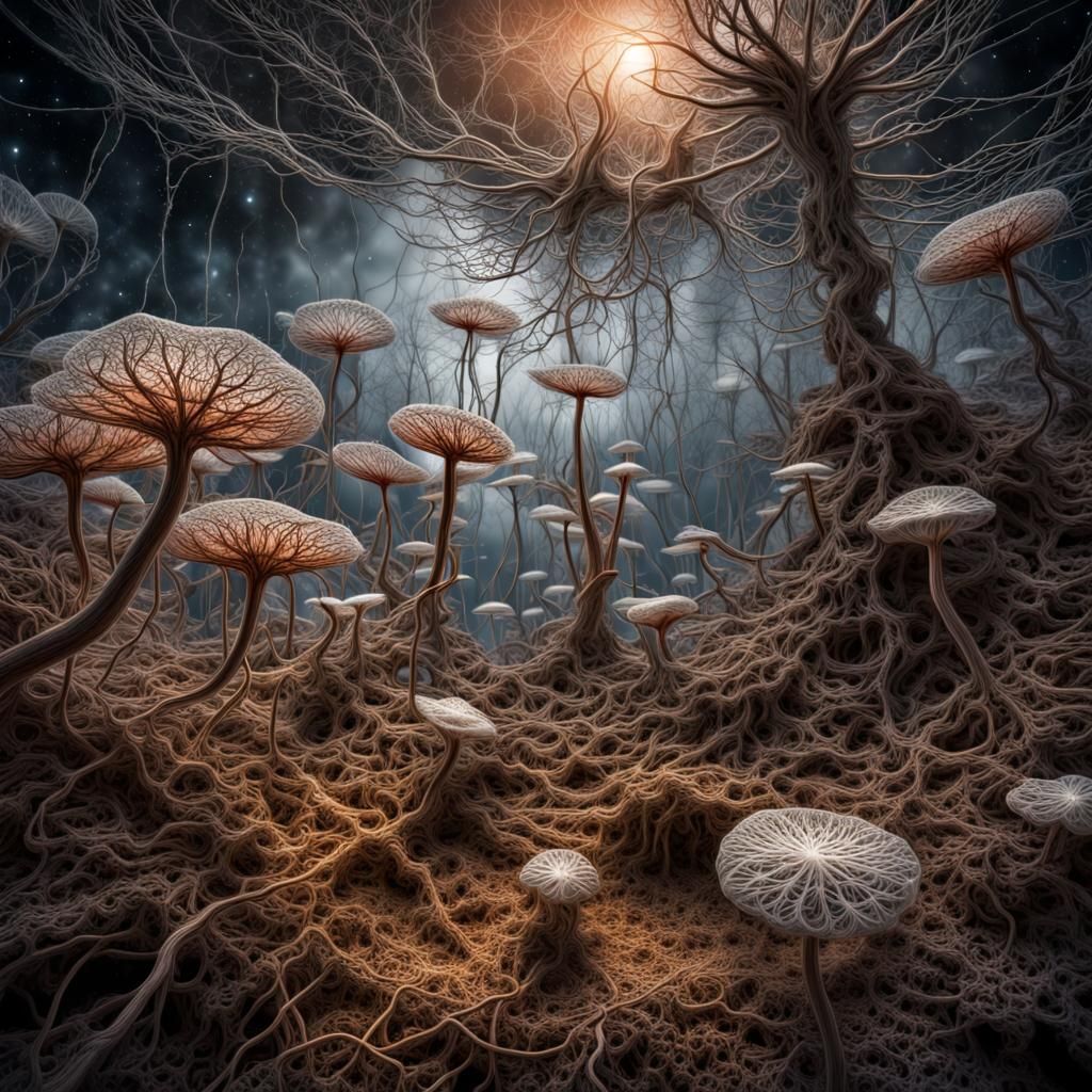 Cosmic Mycelial Network: Hyperrealistic Fantasy Scene
