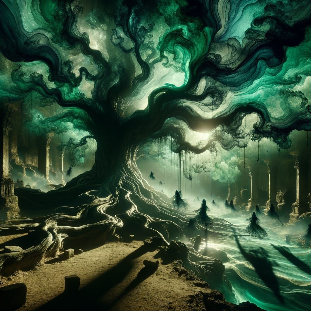 Ancient Soul Tree with Spectral Figures in Chiaroscuro