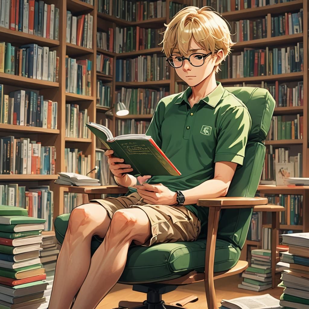 Nerdy Blonde Guy Reading Book: Manga Anime Style