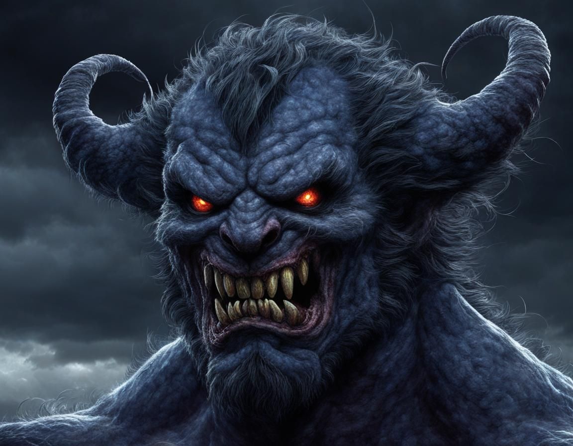 Menacing Oni Face Emerges from Dark Clouds