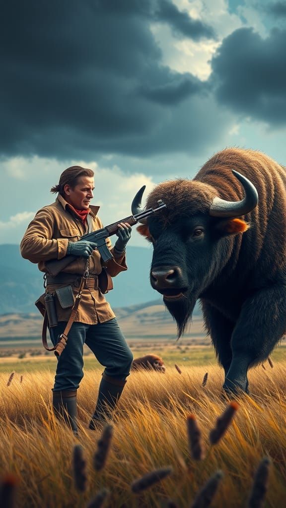 Soldier's Standoff Against Charging Buffalo on Sweeping Plai...