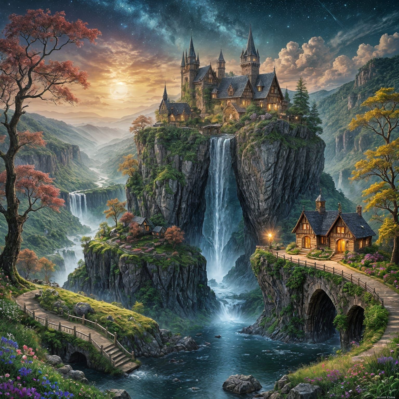 Epic Mystical Fantasy Landscape with Castle and Waterfalls