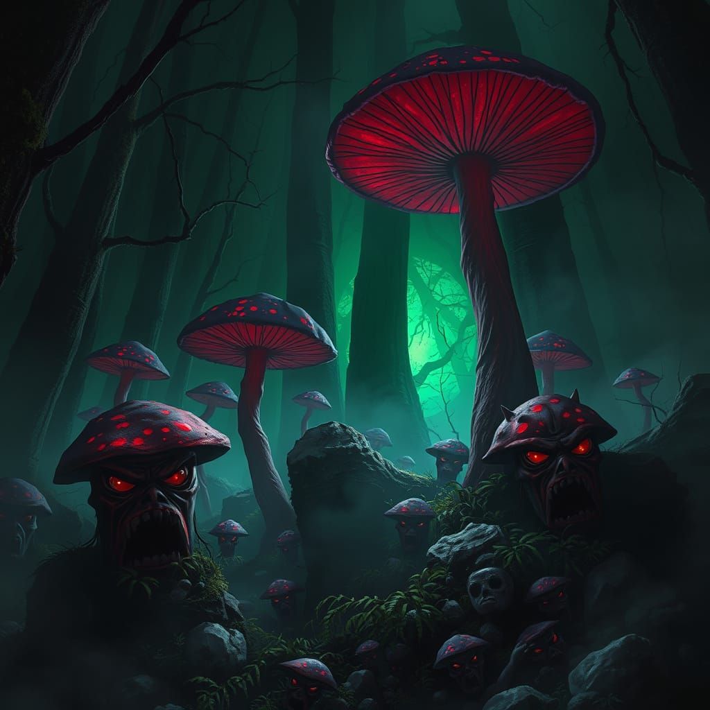 Dark Fantasy Forest Scene with Glowing Mushrooms