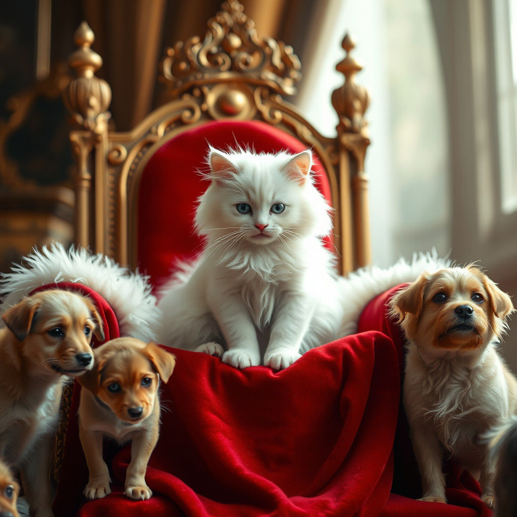 Queen Kitten's Feline Kingdom with Dog Servants