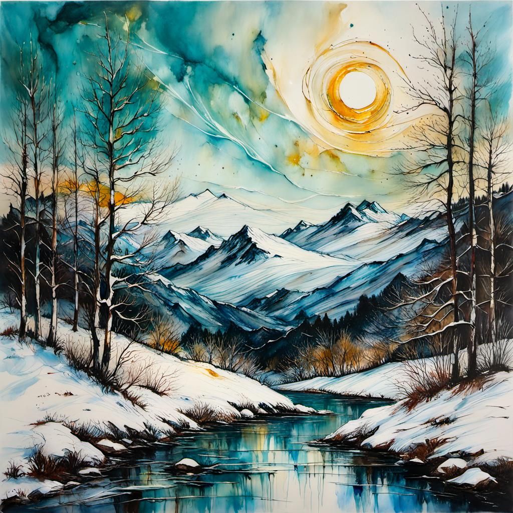 Encaustic Winter Landscape Inspired by Van Gogh