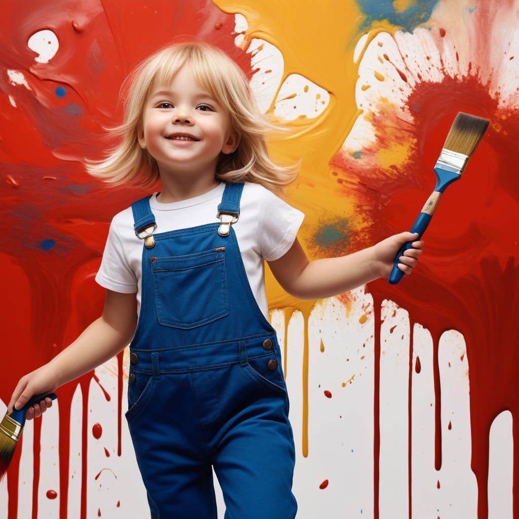 Little Girl Embracing Vibrant Expressionism in Red Paint