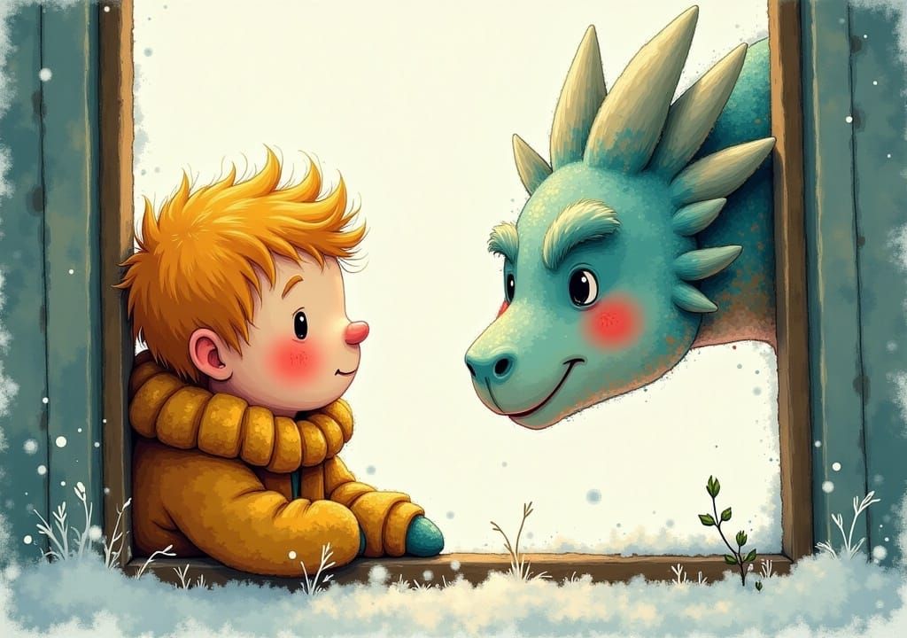 Boy and Dragon at Window, Children's Book Illustration