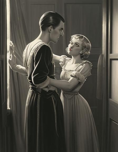 Romantic Backstage Encounter in Old Hollywood Style
