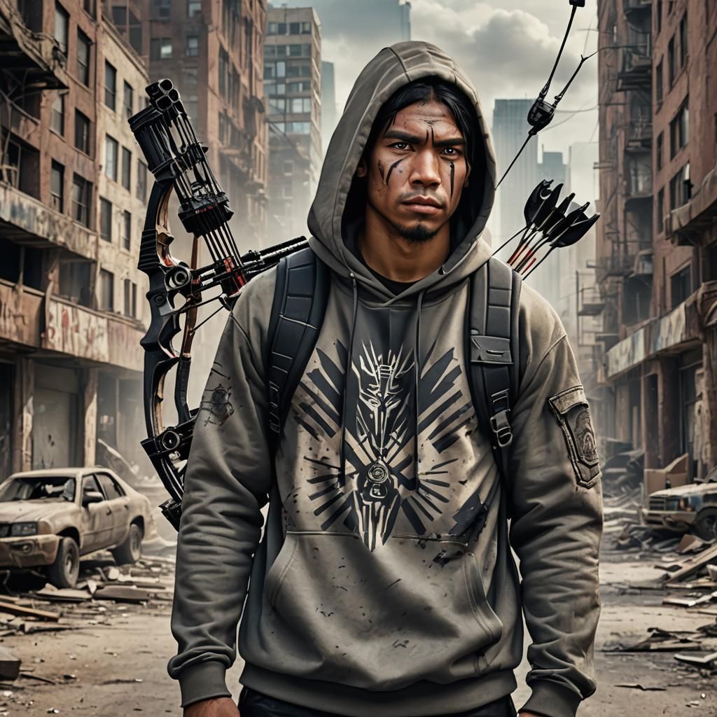 Indigenous Archer in Post-Apocalyptic Cityscape