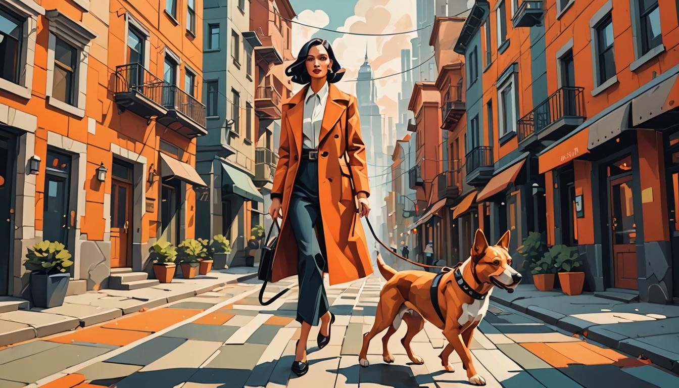 Girl Walks Flying Dog: Cubist Art Deco Painting