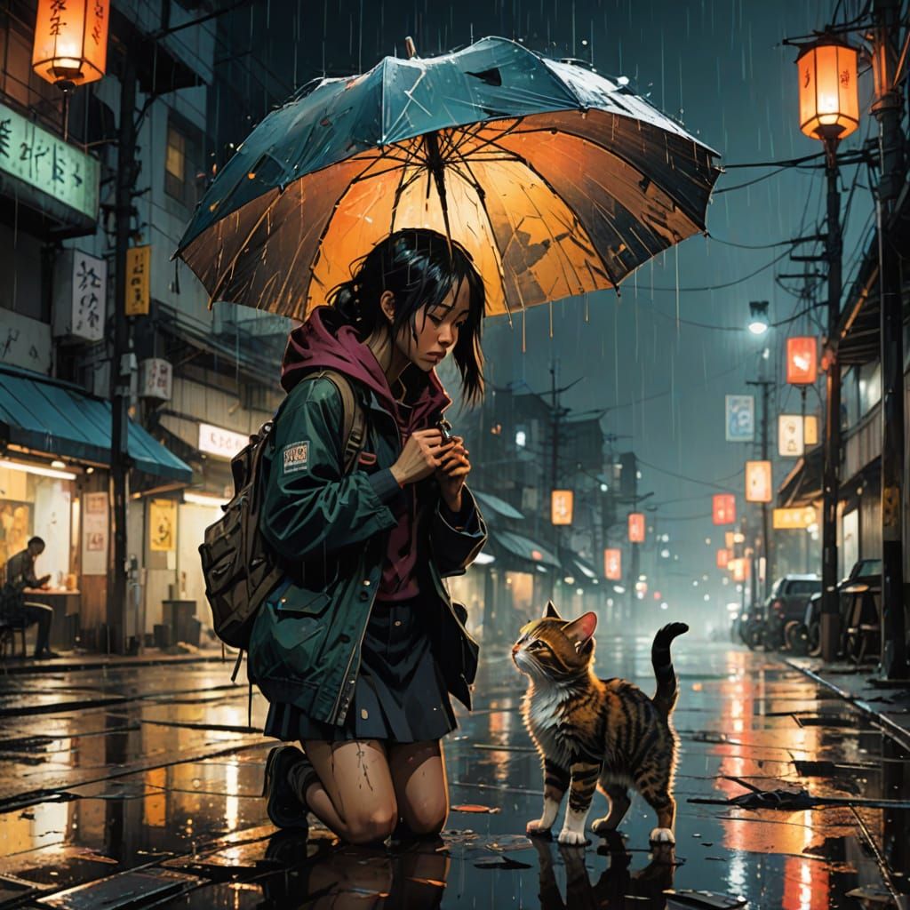 Japanese Schoolgirl in Rainy Night Scene, Dreamy Illustratio...