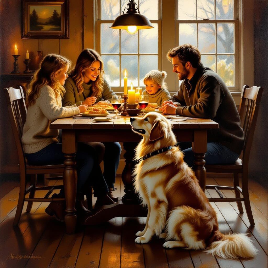 Cozy Family Dinner with Golden Retriever, Oil Painting