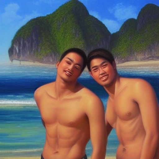 Two Men on a Thailand Beach as Oil Painting
