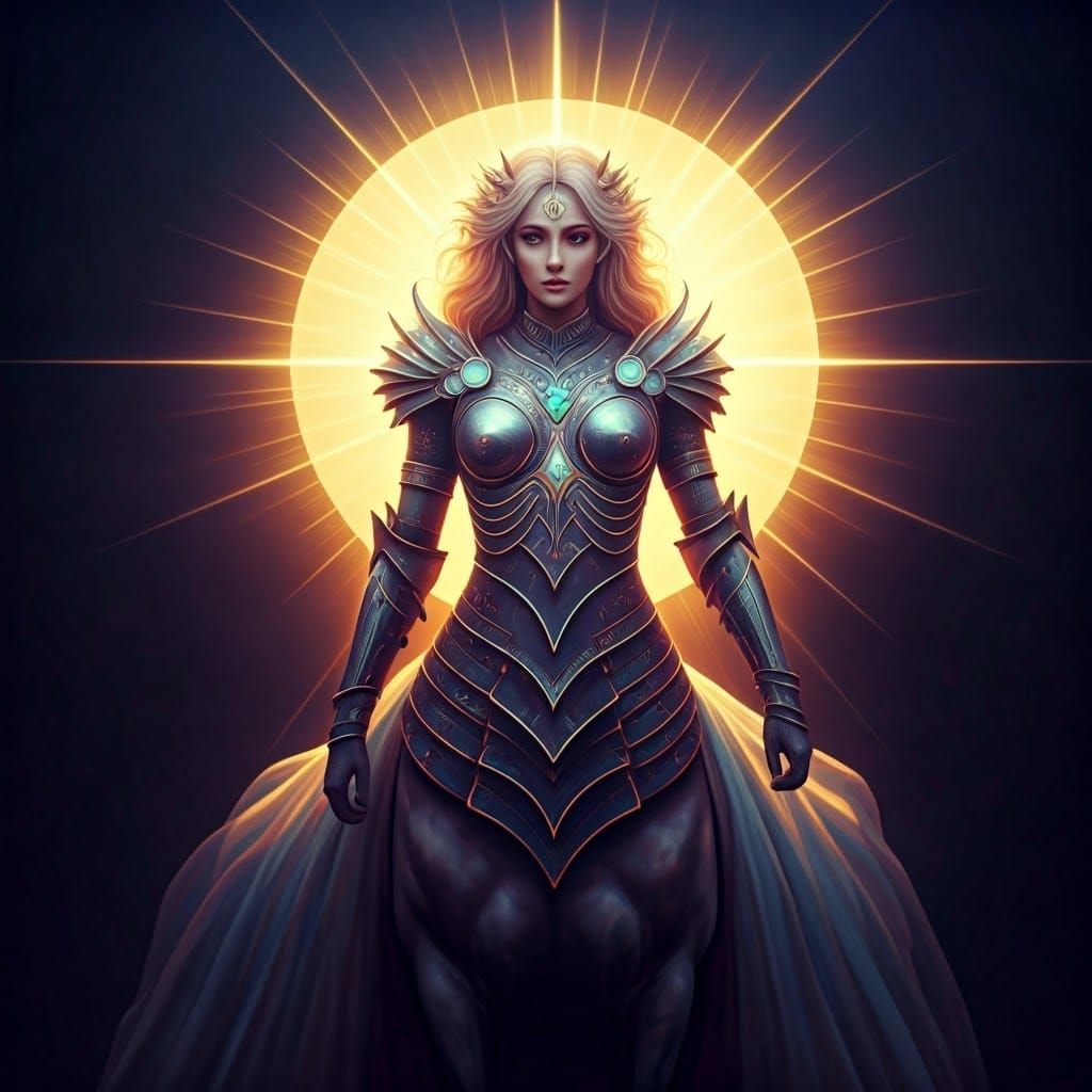A glamorous 'centauress' warrior with depth of field, dynamic lighting, and double exposure, iridescent, intricate, and ...