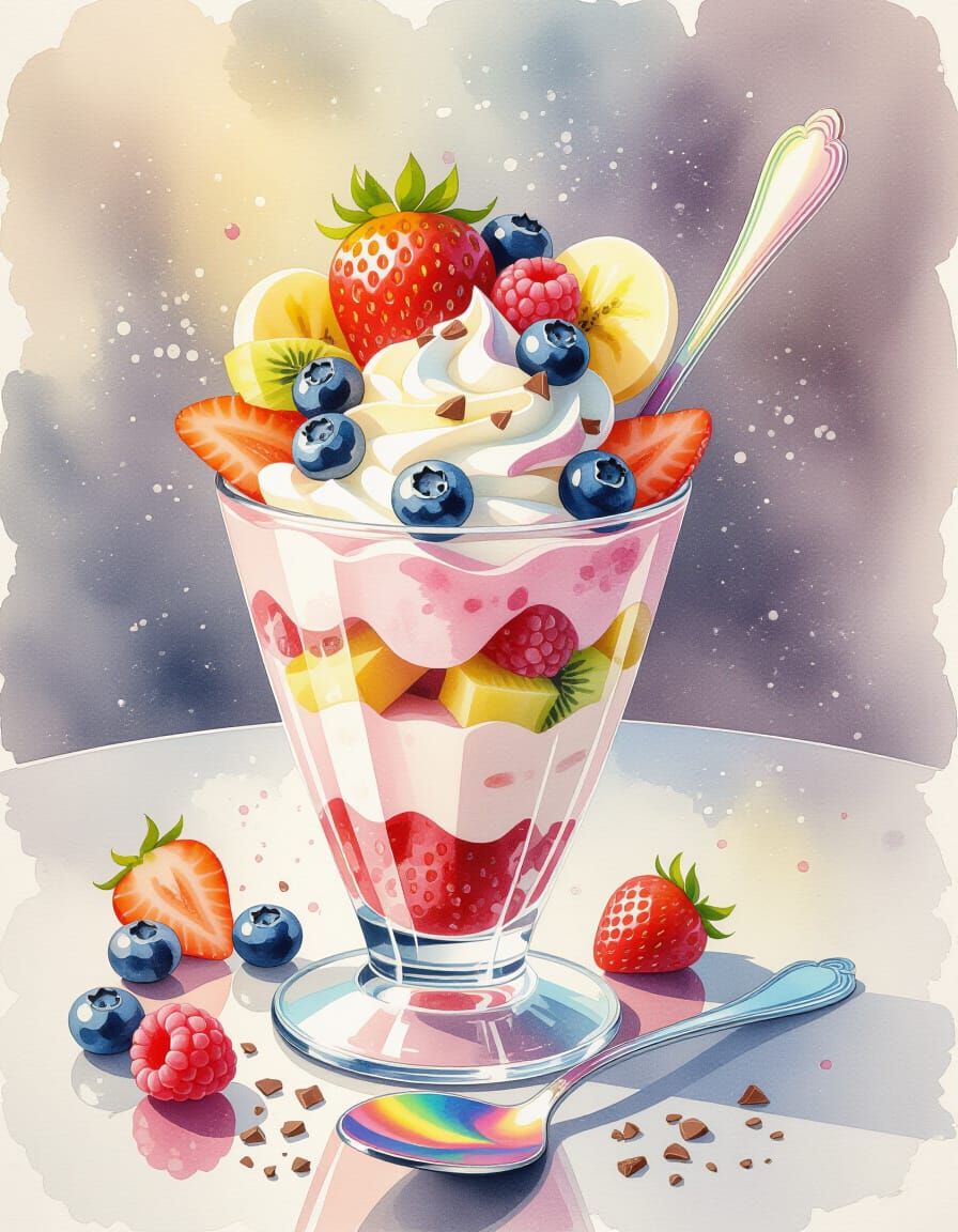 Watercolor Strawberry Kiwi Parfait with Rainbow Spoon
