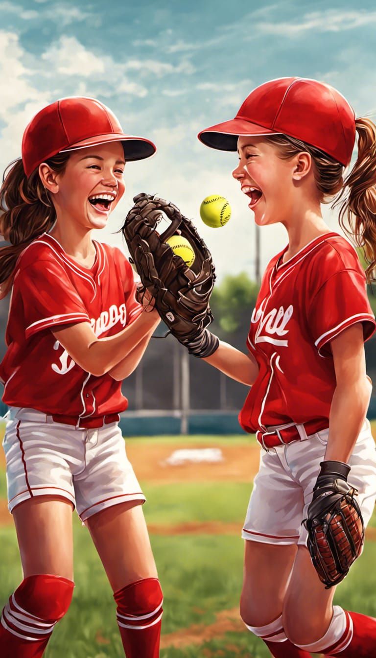 Best friends playing softball