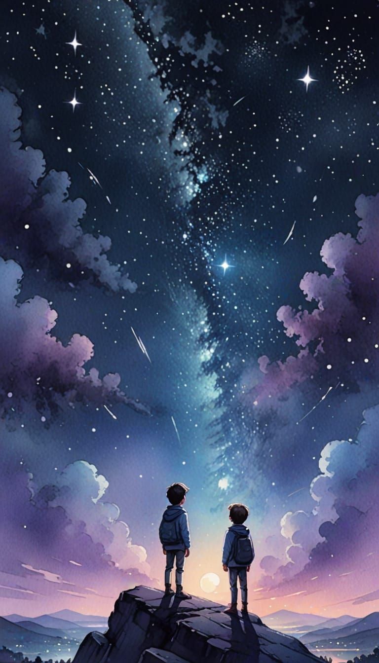 Boy Gazes at Starry Night Sky in Dreamy Watercolor Style