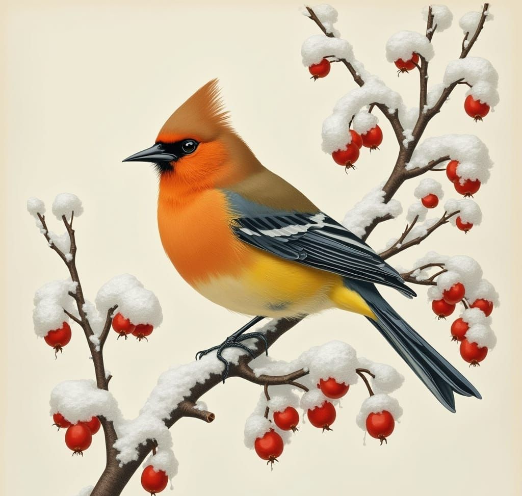 Vibrant Waxwing Bird on Frosty Branch in Audubon Style
