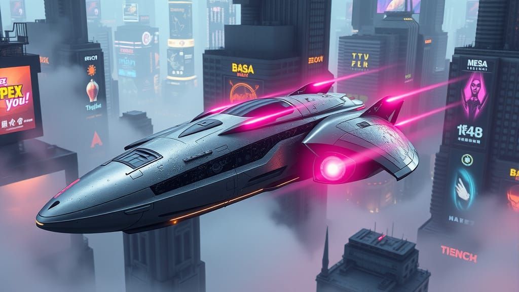 Sleek Space Ship Sails Through Misty Cyberpunk City