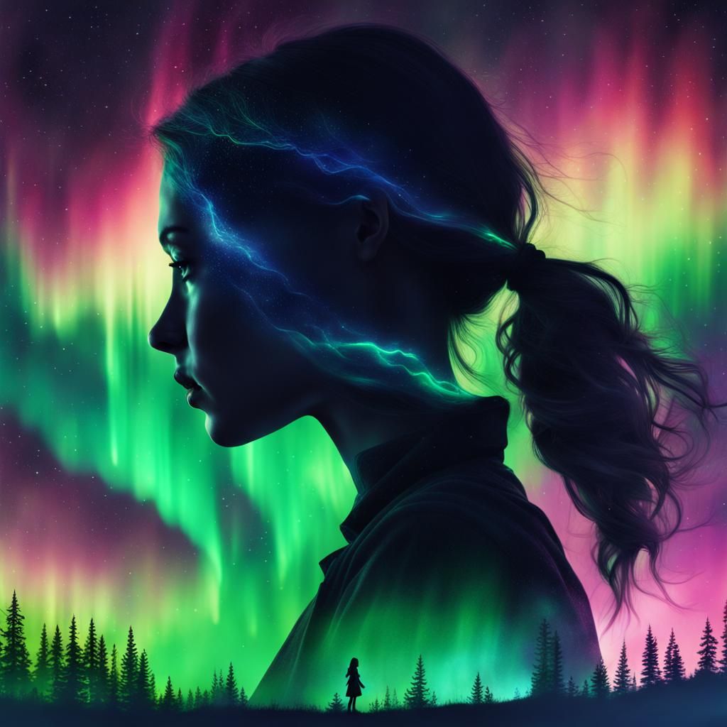 Girl Silhouette with Northern Lights: Fantasy Art