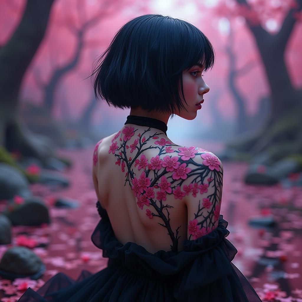 Goth Woman with Cherry Blossom Tattoo in Matte Painting Styl...