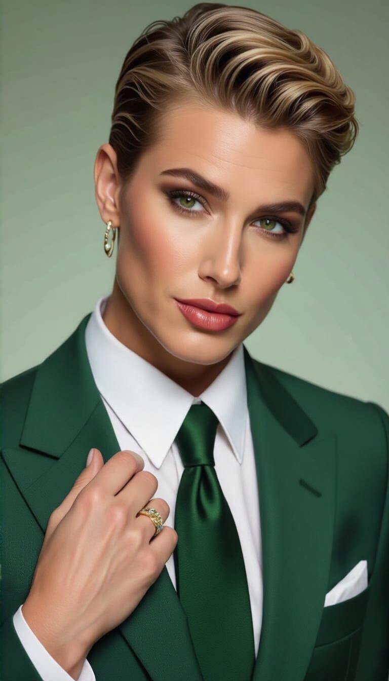 Smug Blonde Woman in Dark Green Designer Suit