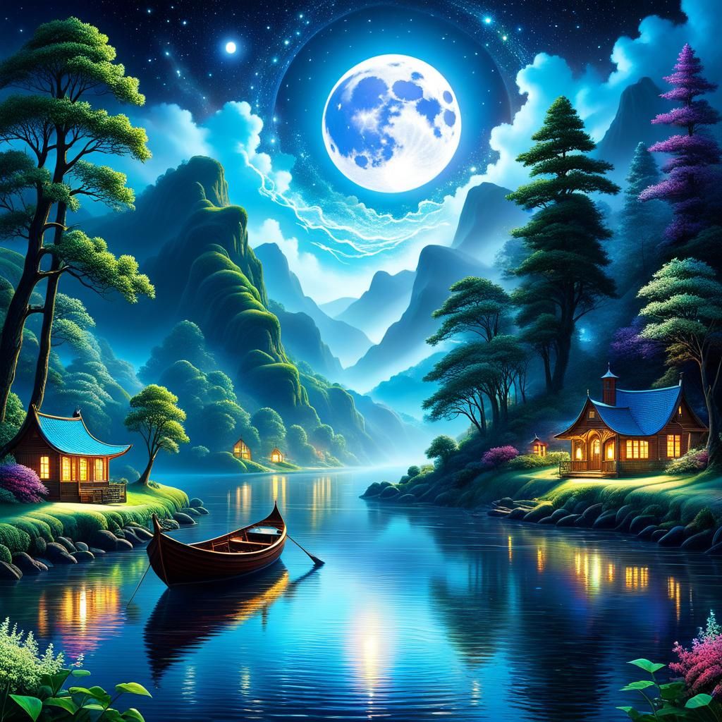 Dream Boat on Dream River in Ethereal Landscape