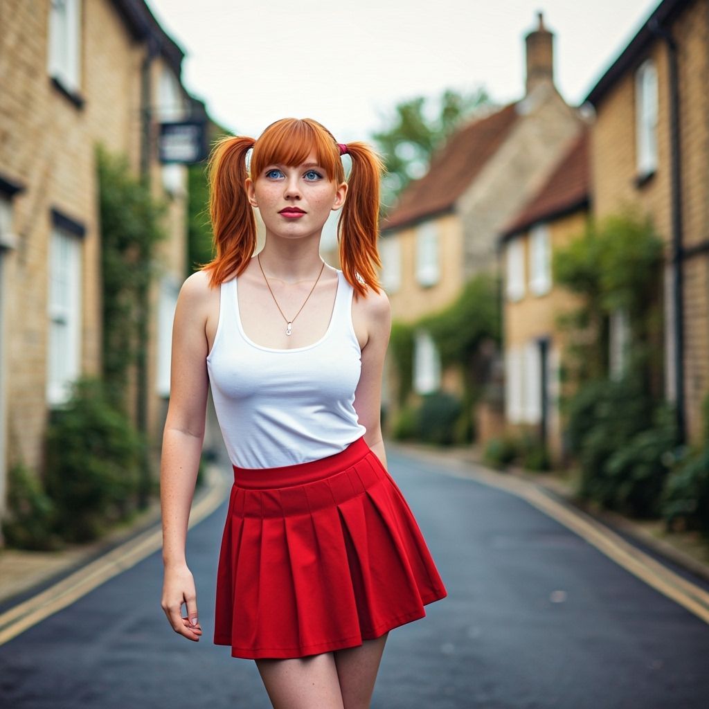 Red-Haired Woman in English Village, Golden Hour