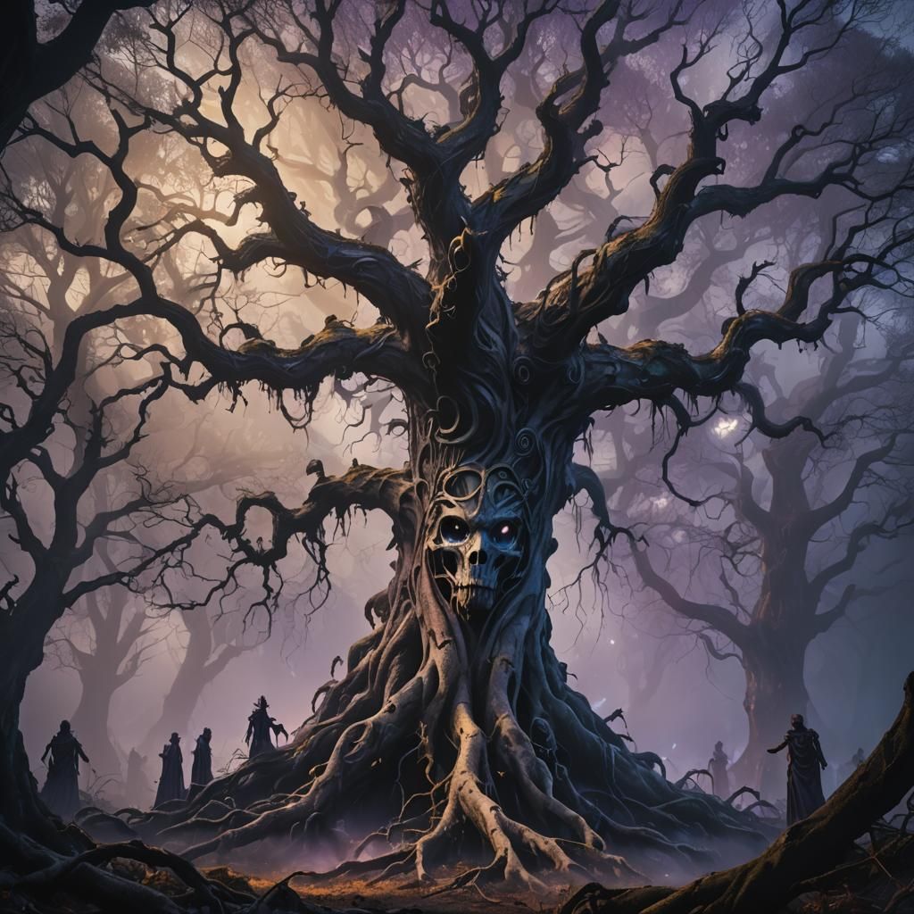 Ethereal Ghosts Surround Twisted Tree in Dark Forest