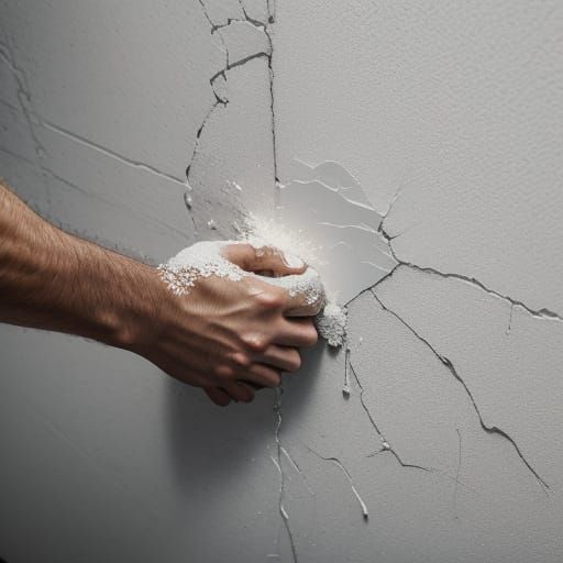 Macro photo of a clenched fist smashing a hole in drywall with flecks scattered all around. diffuse light.
