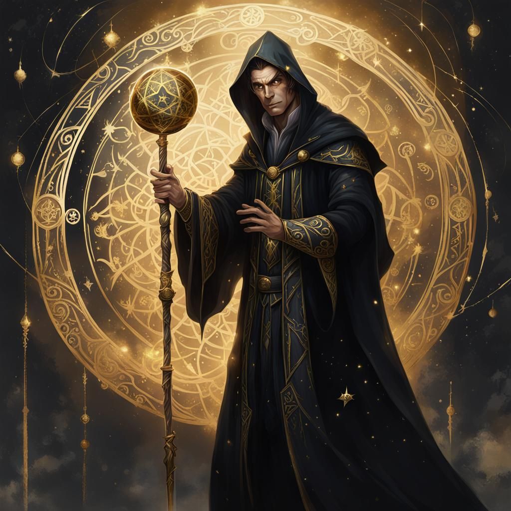 Elven Wizard with Arcane Sigils and Golden Orb