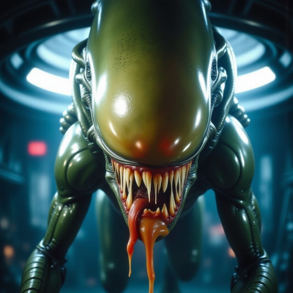 Slimy Xenomorph Close-Up with Red Eyes in Liminal Space