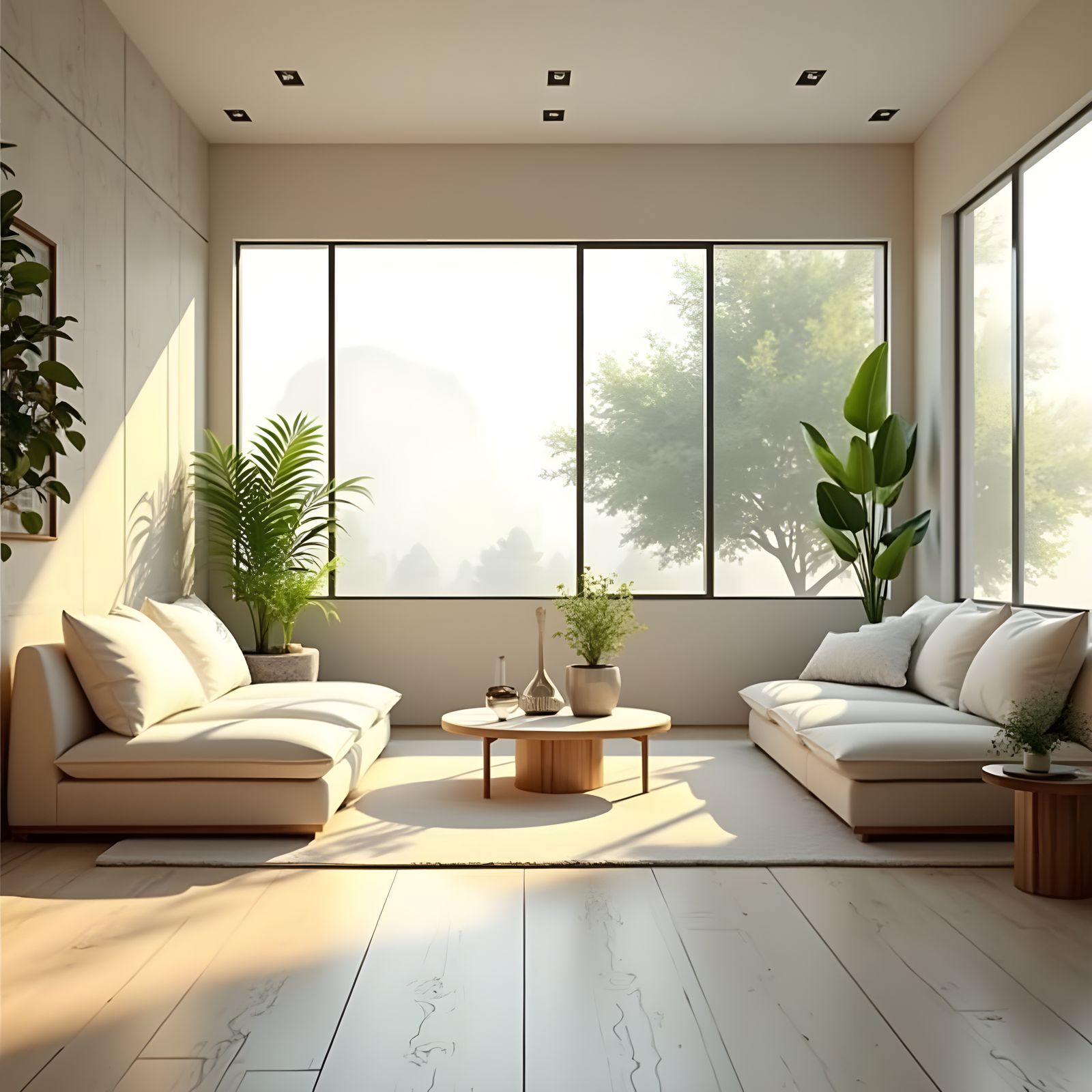 Modern Living Room Interior in Neutral Tones, 3D Render