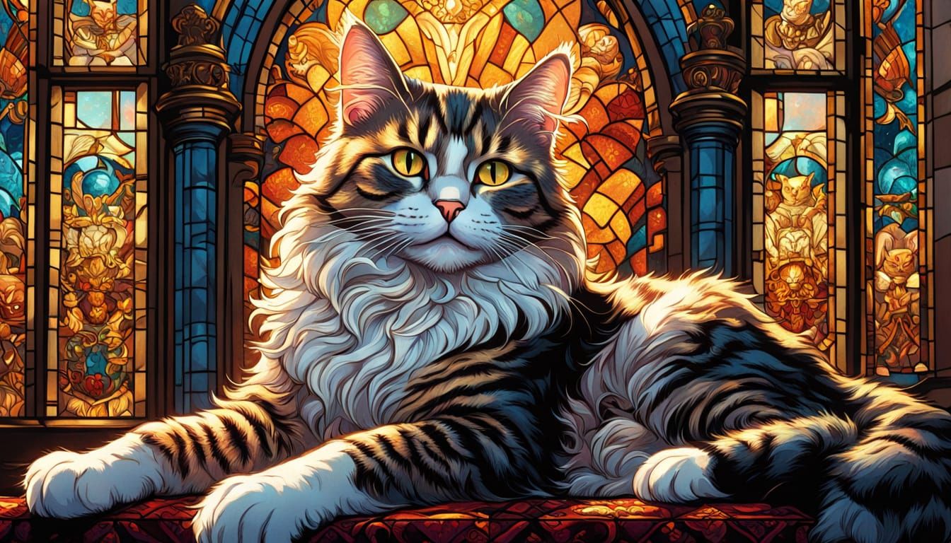 Regal Feline Matron Surrounded by Kittens in Golden Sunlight