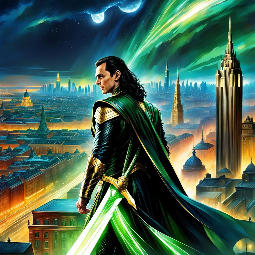 Loki of Asgard in Cityscape Concept Art