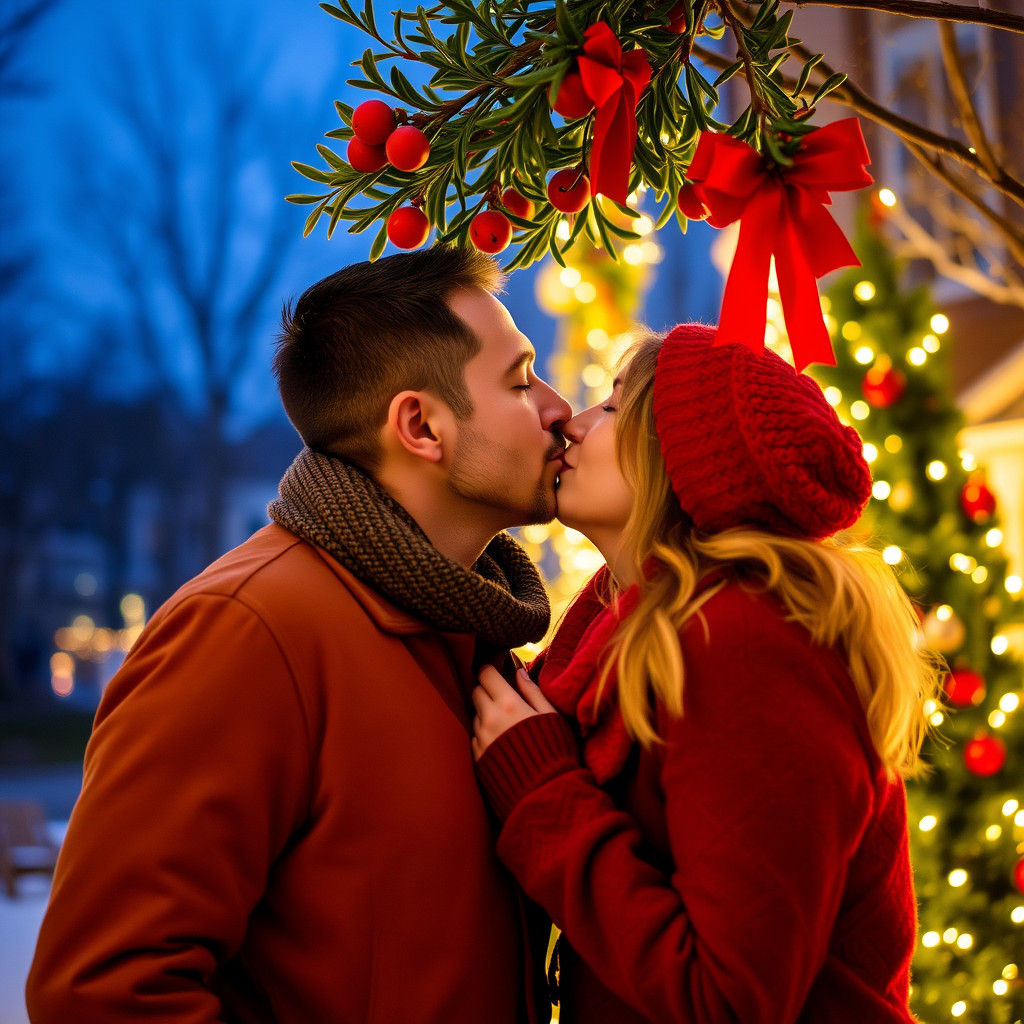 Romantic Couple Kisses under Mistletoe with Holiday Cheer