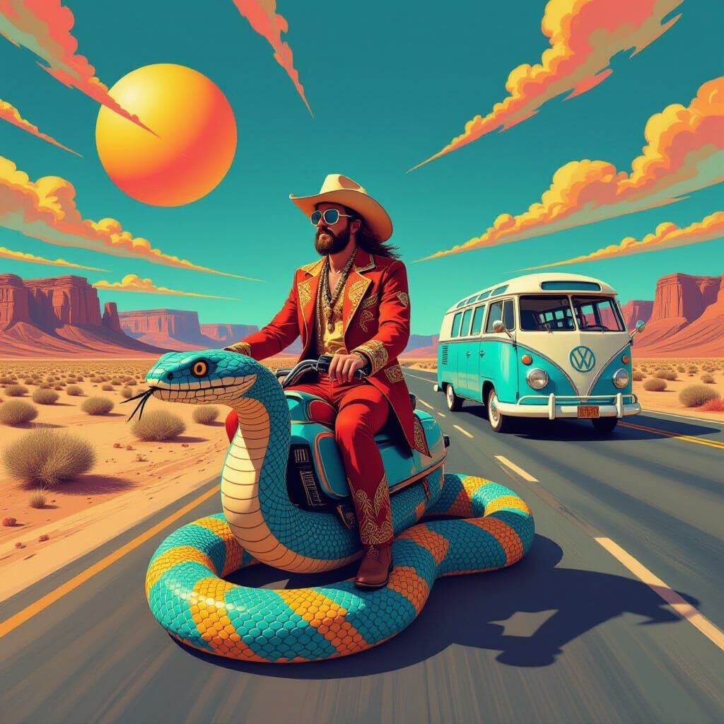 Psychedelic Snake Rider on Desert Highway
